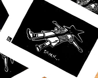 Grabado en linóleo "Maldición". Impreso a mano.