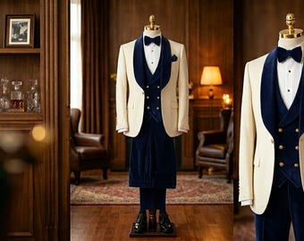 Navy Blue Velvet Wedding Suit Men, Cream 3 Piece Suit Set, Peak Lapel Blazer Waistcoat Trousers, Groom Outfit, Luxury Formal Wear