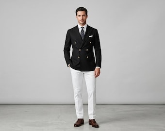 Męska czarna dwurzędowa marynarka i spodnie w kolorze kości słoniowej, strój na ślub pana młodego, formalny garnitur letni, biznesowy, swobodny męski strój, komplet szyty na miarę