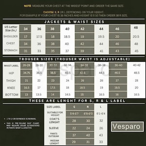 May include: A size chart for jackets and trousers, with measurements in inches. Includes jacket and waist sizes, trouser sizes, and sleeve lengths. The chart also provides guidance on selecting sizes based on height and chest measurements. The Vesparo logo is in the bottom right corner.