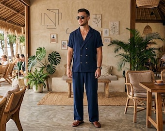 Herren Leinen Co-Ord Set in Marineblau | Relaxed Fit Shirt & Hose mit weitem Bein | Sommer-Strand-Outfit | Resort Wear Herren | Urlaub Casual Set