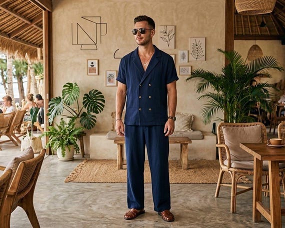 Men’s Navy Blue Linen Co-Ord Set | Relaxed Fit Shirt & Wide Leg Pants | Summer Beach Outfit | Resort Wear Men | Vacation Casual Set