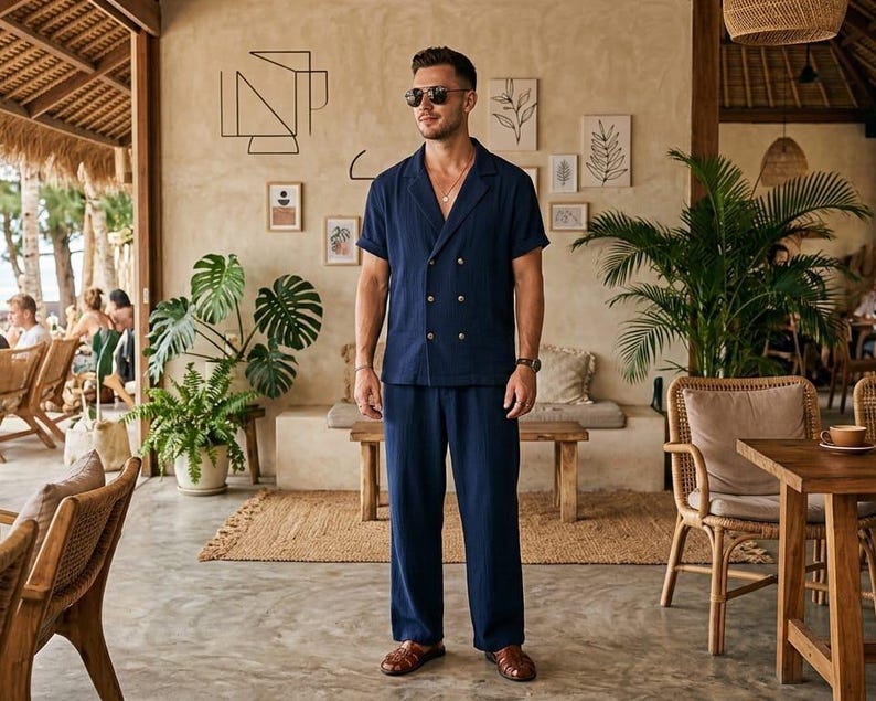 May include: A navy blue short-sleeved suit with gold buttons. The double-breasted shirt and matching pants are worn with brown leather sandals. The outfit is worn in a cafe setting with plants and wooden furniture.