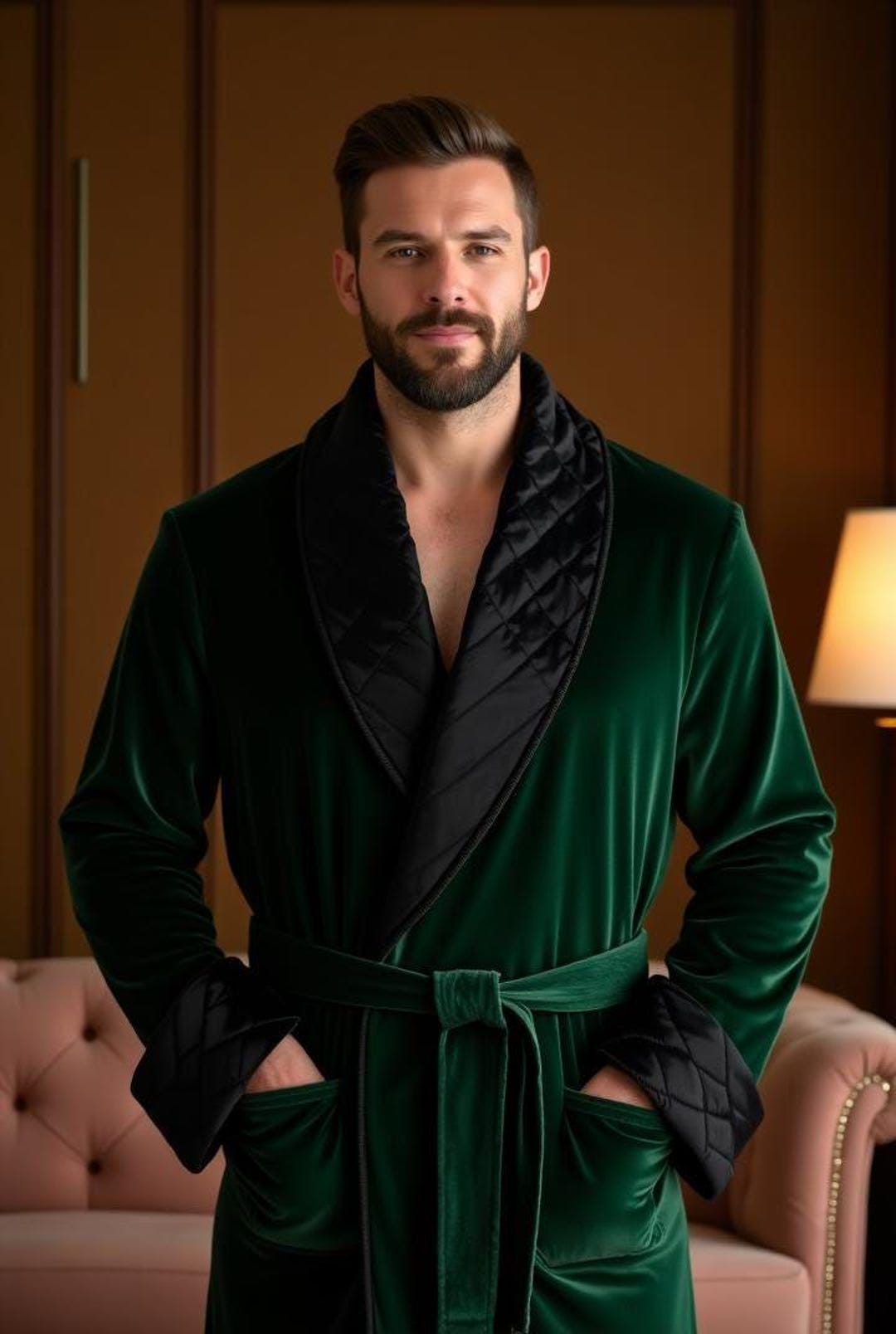 Men's Smoking Robe Men’s Green Velvet Smoking Robe Jacket, Long Quilted Dressing Gown ...
