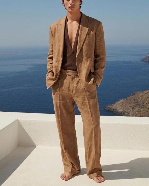 Men’s Brown Linen Suit Set, Relaxed Fit Blazer Wide Leg Pants, Summer Beach Wedding Suit, Resort Wear Mens Outfit, Minimalist Tailored Set