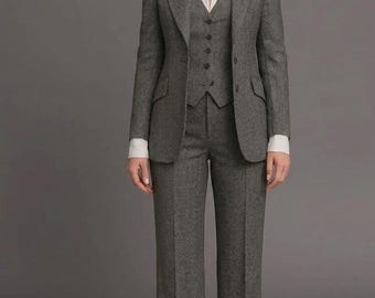 Gray Herringbone Wool Women Suit 3 Piece, Blazer Waistcoat Wide Leg Trousers, Vintage Tailored Suit, Office Wear, Formal Elegant Set