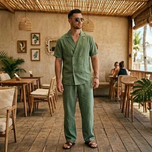 Men’s Green Linen Co-Ord Set | Relaxed Fit Shirt & Wide Leg Pants | Summer Beach Outfit | Resort Wear Men | Vacation Casual Set