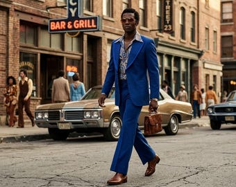 Traje azul marino para hombre estilo años 70, pantalón acampanado, blazer con solapa ancha, traje retro vintage, atuendo de boda para novio, sastrería masculina.