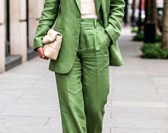 Conjunto feminino de linho verde, blazer e calça, elegante para o trabalho, minimalista para o escritório, terno formal de verão, conjunto chique.