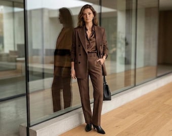 Women’s Brown Suit Set, Double Breasted Blazer & Trousers, Elegant Office Wear, Minimalist Business Suit, Tailored Formal Pantsuit