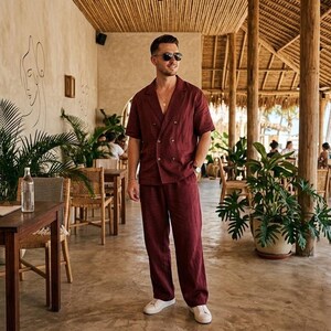 Men’s Burgundy Linen Co-Ord Set | Relaxed Fit Shirt & Wide Leg Pants | Summer Beach Outfit | Resort Wear Men | Vacation Casual Set