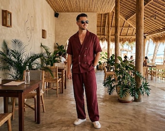 Men’s Burgundy Linen Co-Ord Set | Relaxed Fit Shirt & Wide Leg Pants | Summer Beach Outfit | Resort Wear Men | Vacation Casual Set