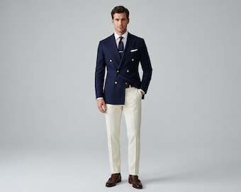 Men’s Navy Double Breasted Blazer Ivory Pants Suit, Classic Formal Outfit, Wedding Groom Suit, Business Casual Menswear, Tailored Set