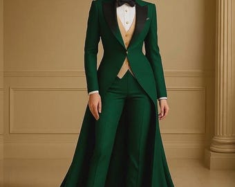 Women’s Green Tuxedo Gown Suit | Tailcoat Pantsuit | Custom Formal Suit Women | Elegant Evening Wear | Wedding Guest Outfit