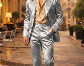 Men’s Silver Satin Suit, 70s Vintage Inspired Disco Suit, Wide Leg Trousers, Retro Wedding Groom Outfit, Luxury Statement Formal Wear