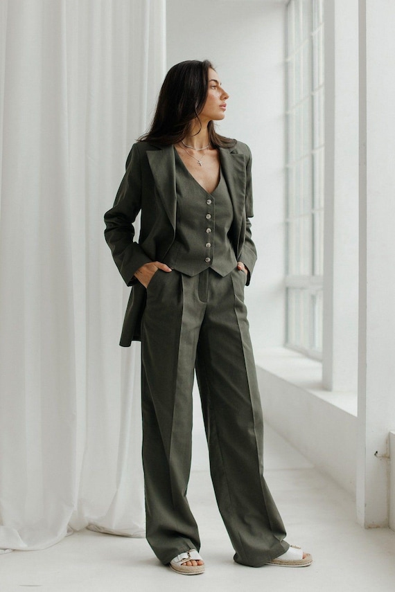 green dress pants womens outfit Khaki Linen Women Suit 3 Piece, Blazer Vest Palazzo Set, Summer Formal Pantsuit, Elegant Tailored Outfit, Boho Wedding Suit furniture hardware