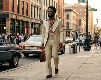 Puede incluir: Un hombre con un traje color beige, camisa estampada y gafas de sol camina por una calle de la ciudad. Lleva un maletín marrón y zapatos marrones. La escena está ambientada en un entorno urbano de estilo vintage con coches clásicos y peatones.