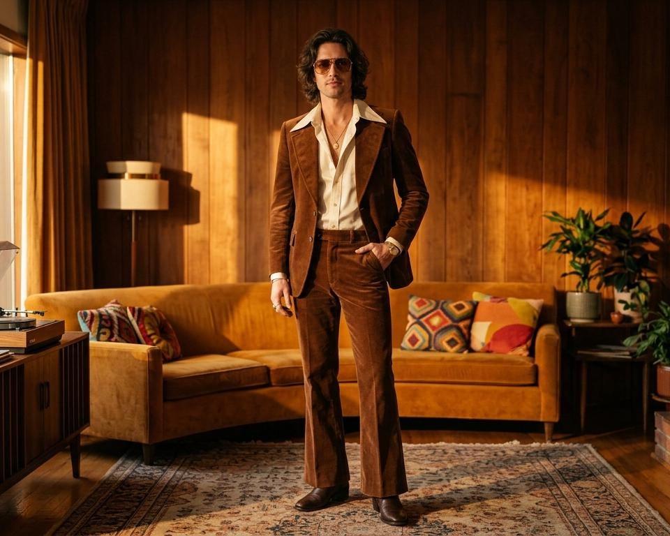 Men's 70s Brown Velvet Suit, Wide Lapel Blazer & Flared Pants, Retro Disco Outfit, Vintage Groom Wedding Suit, Custom Tailored Menswear