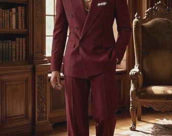 Burgundy Double Breasted Suit for Men, 70s Vintage Wide Leg Trousers, Retro Wedding Suit, Prom Outfit, Classic Tailored Formal Wear