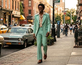 1970s Style Men’s Mint Green Suit, Flared Pants Wide Lapel Blazer, Pastel Retro Suit, Groom Wedding Outfit, Tailored Menswear
