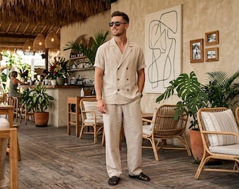 Men’s Beige Linen Co-Ord Set | Relaxed Fit Shirt & Wide Leg Pants | Summer Beach Outfit | Resort Wear Men | Vacation Casual Set