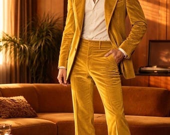 1970s Men’s Yellow Velvet Suit, Wide Lapel Blazer & Flared Pants, Retro Disco Outfit, Vintage 70s Menswear, Statement Formal Suit