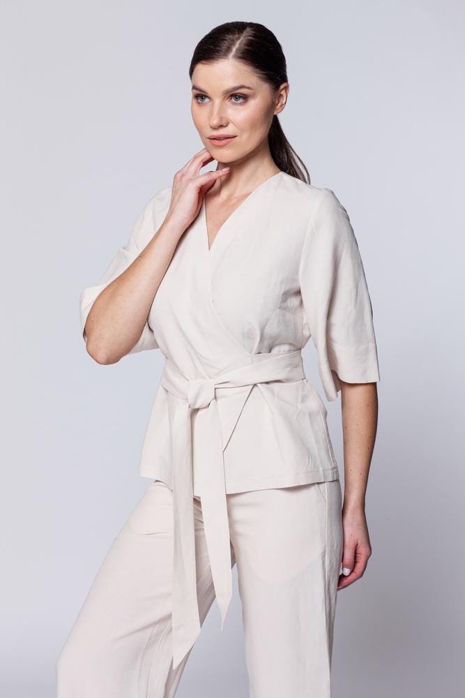 Natural linen with viscose beauty therapist jacket, tunic for SPA specialist.