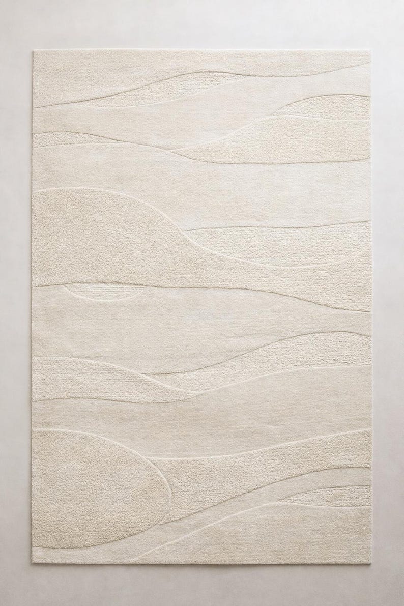 Hand Tufted Abstract Wave Area Rug, Minimalist Cream Carpet, Soft ...