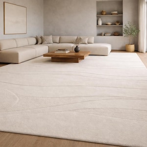 Hand Tufted Abstract Wave Area Rug, Minimalist Cream Carpet, Soft Living Room Bedroom