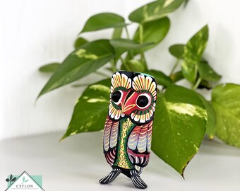 Hand-Carved Wooden Owl Statue – Vibrant Folk Art Sculpture