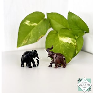 May include: Two small, wooden elephant figurines. One is black, the other is brown. Both have white tusks. The figurines are on a white surface, with green leaves behind them. The Ceylon Wooden Craft logo is in the bottom right corner.