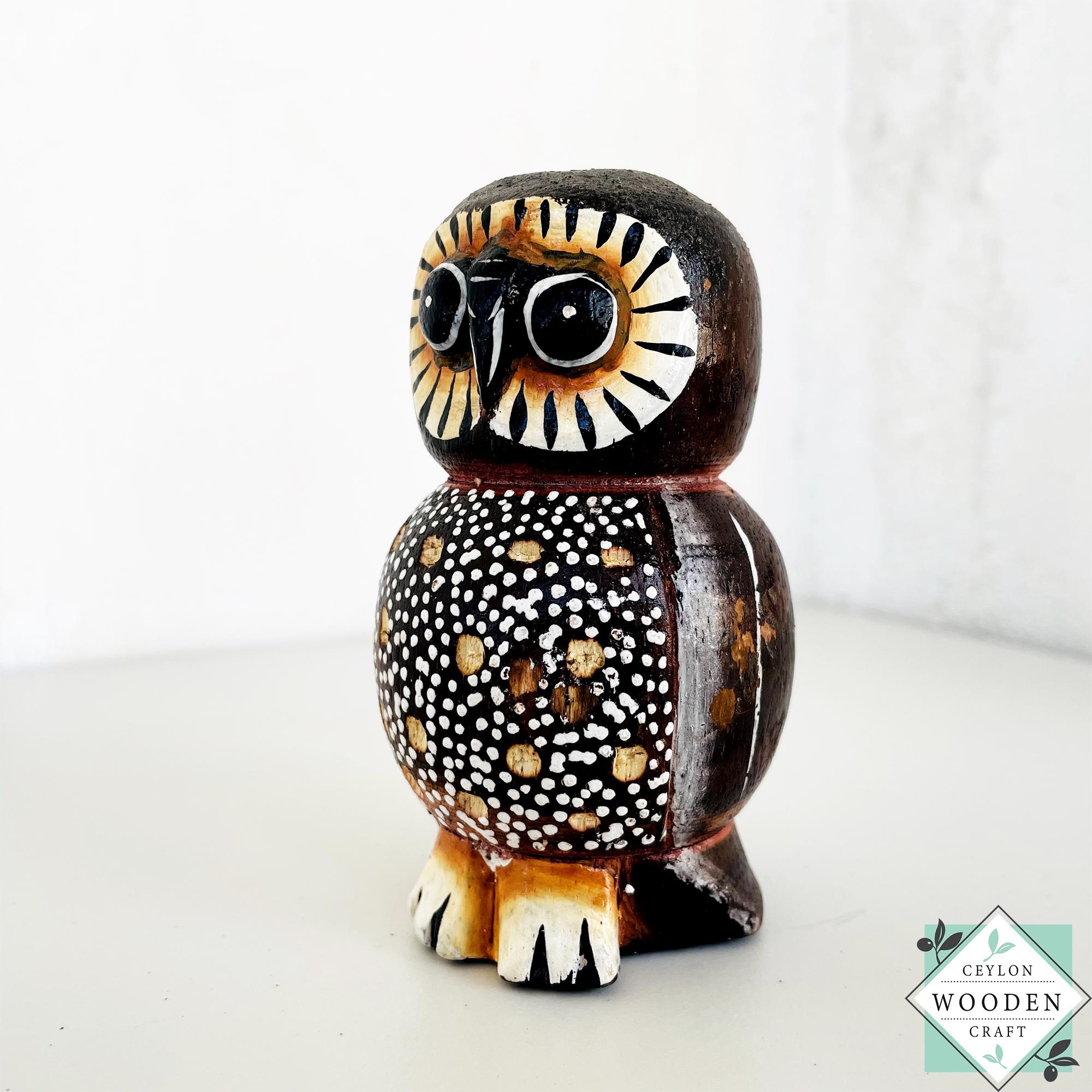 Hand-Painted Wooden Owl Statue - Chunky Folk Art Dot Pattern Owl Figurine Gift