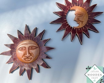 ガーナ　丸顔の太陽月　木製の顔彫刻 アートオブジェ 太陽と月の装飾、月の顔、木製の太陽の顔、木製の太陽と月の壁アート