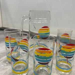 Vintage summer juice set with pitcher and matching glasses/tumblers.
