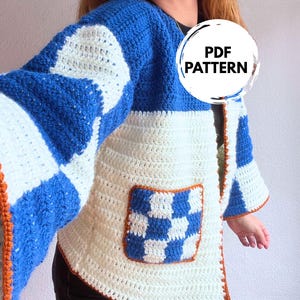 City Cardigan Crochet Pattern PDF Colorblock Oversized Sweater Checkered Patchwork Cardigan Modern Blue White Jacket Tutorial