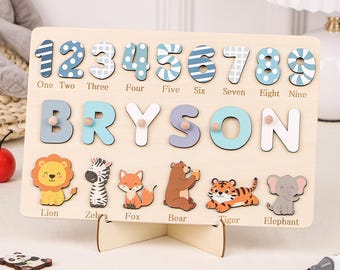 Puzzle in legno personalizzato con nome: animali e numeri, regalo per il primo compleanno