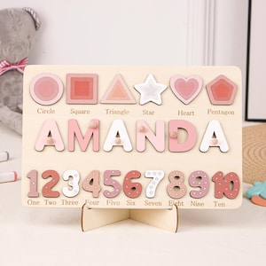 Personalized Wooden Name Puzzle, Montessori Number Shapes Toy