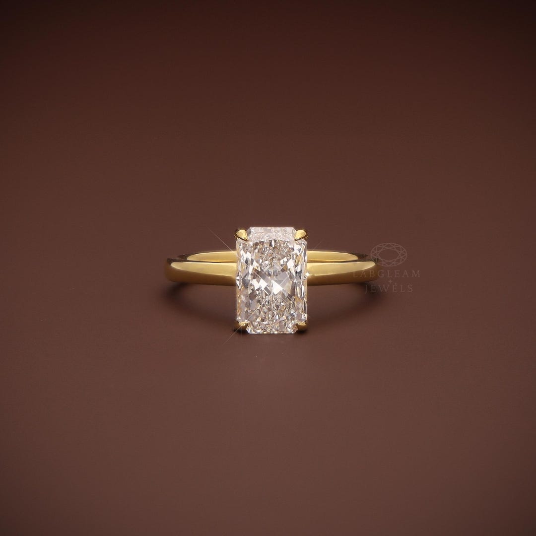 Radiant Cut Lab Diamond Engagement Ring, 14k Gold Hidden Halo Solitaire ...