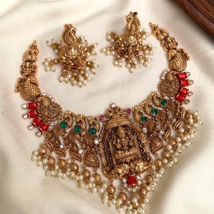 Goddess Lakshmi Choker Set: South Indian Temple Jewelry, Ruby, Emerald & Pearl