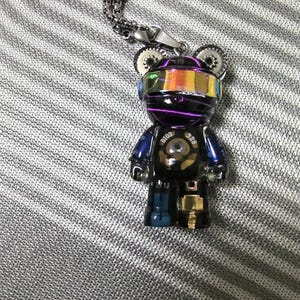 Daft Punk Inspired Bear Necklace, Cyberpunk Robot Pendant with Iridescent Visor, Streetwear Sci-Fi Jewelry, EDM Fan Gift for Him