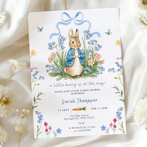 Peter Rabbit Baby Shower Invitation Template: A Little Bunny Is On The Way, Rustic Blue Floral Garden Invite (Canva Editable) BS17