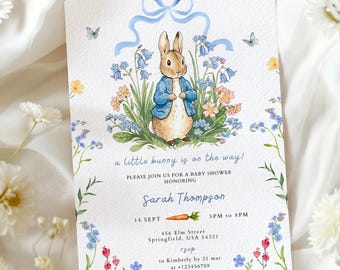 Boy Rabbit Baby Shower Invitation Template: A Little Bunny Is On The Way, Rustic Blue Floral Garden Invite (Canva Editable) BS17