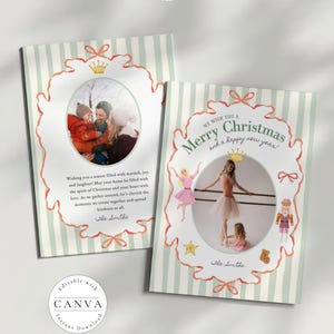 May include: Christmas greeting cards with a watercolor design. The cards feature a family photo and the text "Merry Christmas and a happy new year!" The cards have a green and white striped background and a decorative frame.