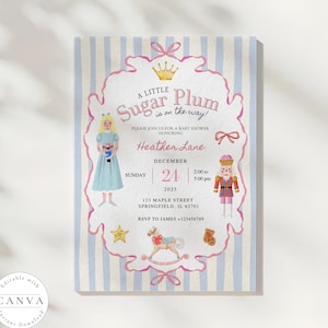 Christmas Nutcracker Ballet Baby Shower Invitation: Whimsical Bow Stripe Hand Drawn Winter Sugar Plum Fairy (Canva Editable Template)