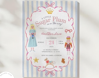 Christmas Nutcracker Ballet Baby Shower Invitation: Whimsical Bow Stripe Hand Drawn Winter Sugar Plum Fairy (Canva Editable Template)