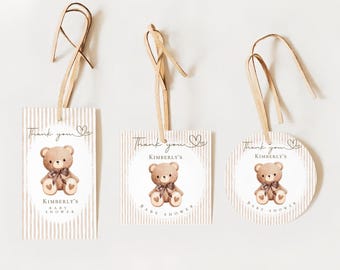 Etichetta di ringraziamento per baby shower "We Can Bearly Wait": orsacchiotto, beige, neutro, modificabile T1