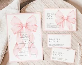 May include: A baby shower invitation suite featuring a large pink bow design. The invitation includes details for the event, along with tickets for a diaper raffle and a request for books for the baby. The text is in black.