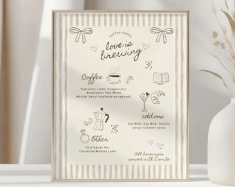 Love Is Brewing Coffee Bar Sign: Bridal Shower Drink Station Menu, Stripe Whimsical Bow Table Sign  (Canva Editable, Instant Download) BD2