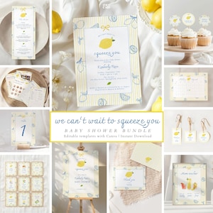 Può includere: Un set per baby shower a tema limone. Il set include inviti, decorazioni per cupcake, segnaposto, un calendario e un cartello. I disegni presentano strisce gialle e bianche, illustrazioni di limoni e il testo "We can't wait to squeeze you."