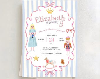 May include: A whimsical birthday invitation with a light blue and white striped background. The invitation features the text "Elizabeth is turning 3" within a pink decorative frame. Illustrations of a doll, nutcracker, and rocking horse are included.